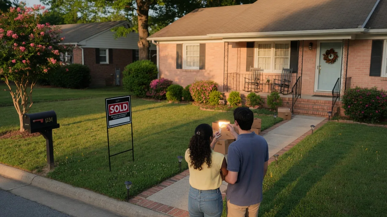 Young couple walking toward a brick ranch starter home in Cobb County with a Sold sign in the front yard on a sunny afternoon