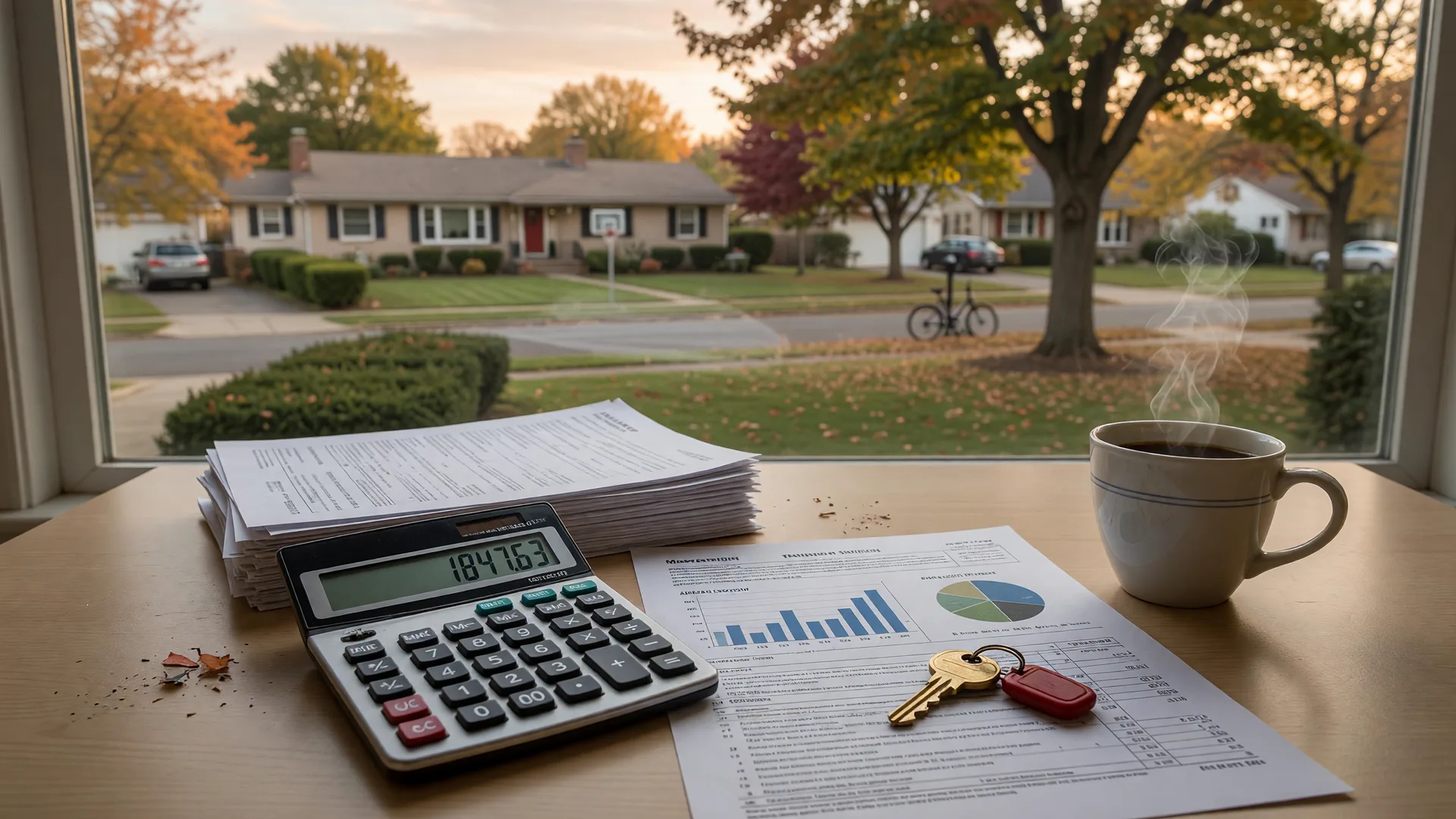 Financial planning desk with calculator, property tax and mortgage documents, a brass house key, and a coffee cup with a South Jersey suburban neighborhood visible through the window