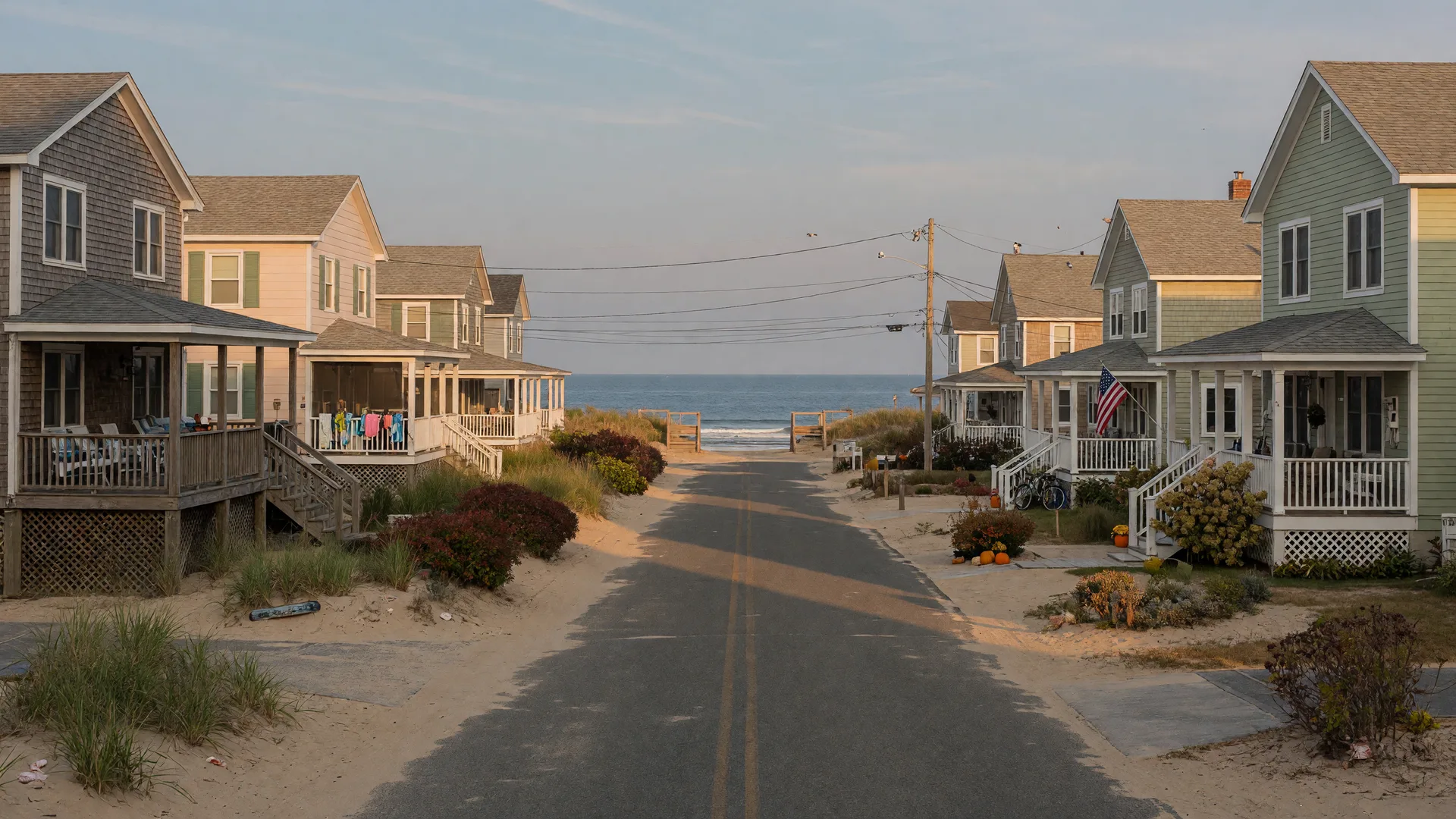 A quiet street of shingle-style shore homes on a New Jersey barrier island in early October, with dune grass in the sandy front yards and the Atlantic horizon at the end of the block
