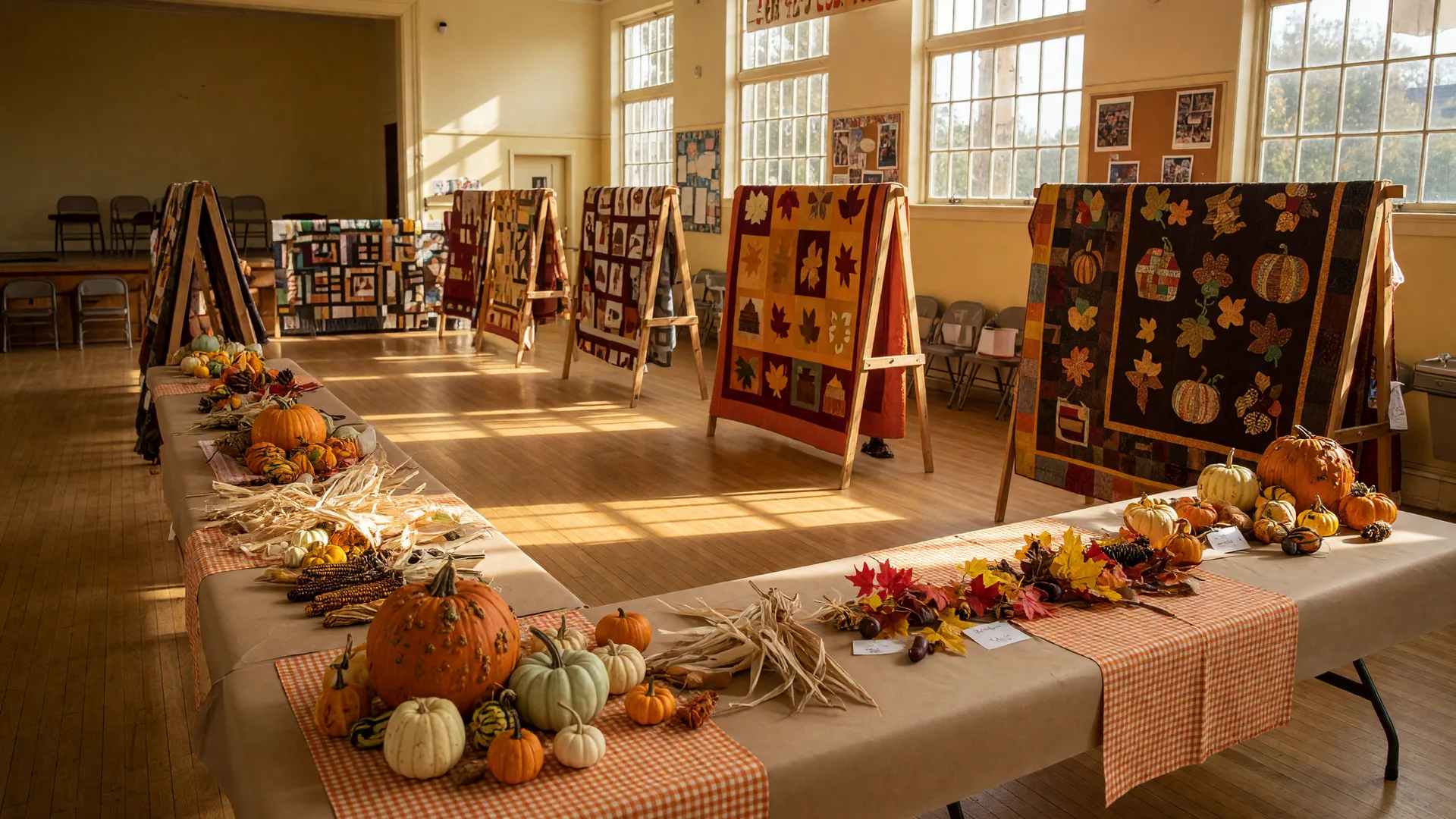 An autumn community craft and quilt show inside a sunlit Santa Clarita community hall with fall-colored quilts and pumpkins
