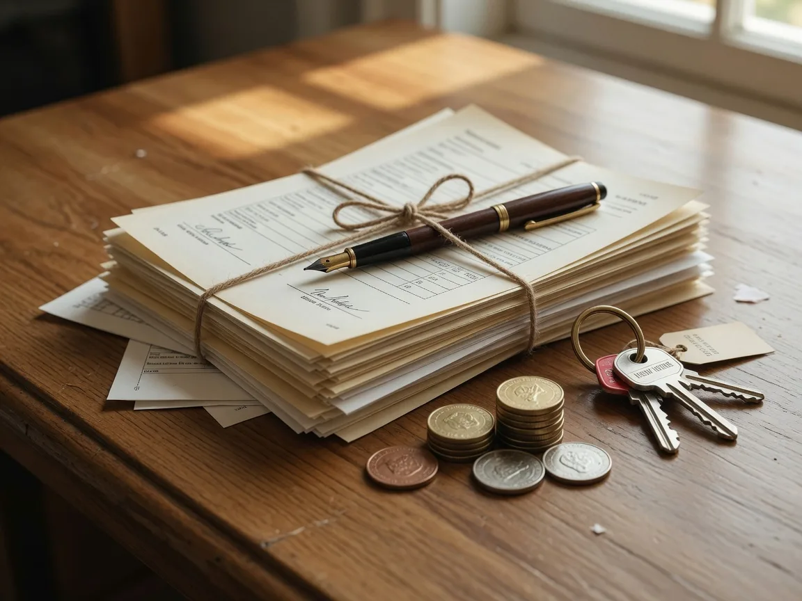Stack of closing documents tied with string keys and coins representing seller closing costs in Florida