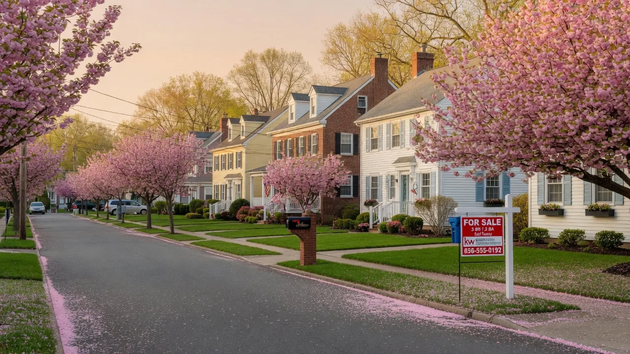 Tree-lined suburban street in South Jersey with a For Sale sign in golden morning light