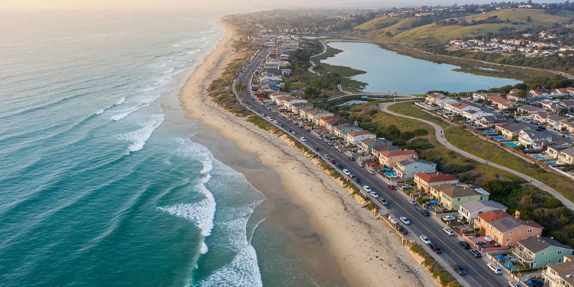 An aerial view of the Carlsbad coastline, beach, lagoon, and inland neighborhoods at morning