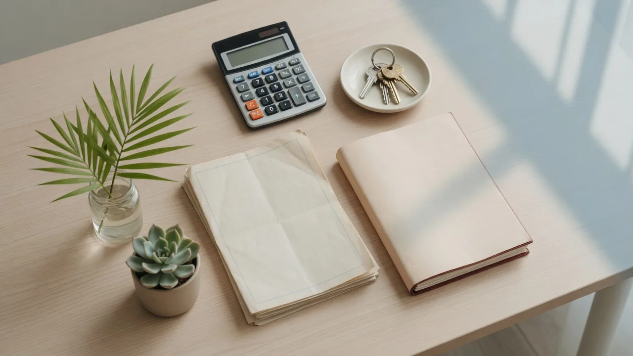 Calculator, house keys, and lease and mortgage documents on a desk, showing how rent and mortgage costs get compared