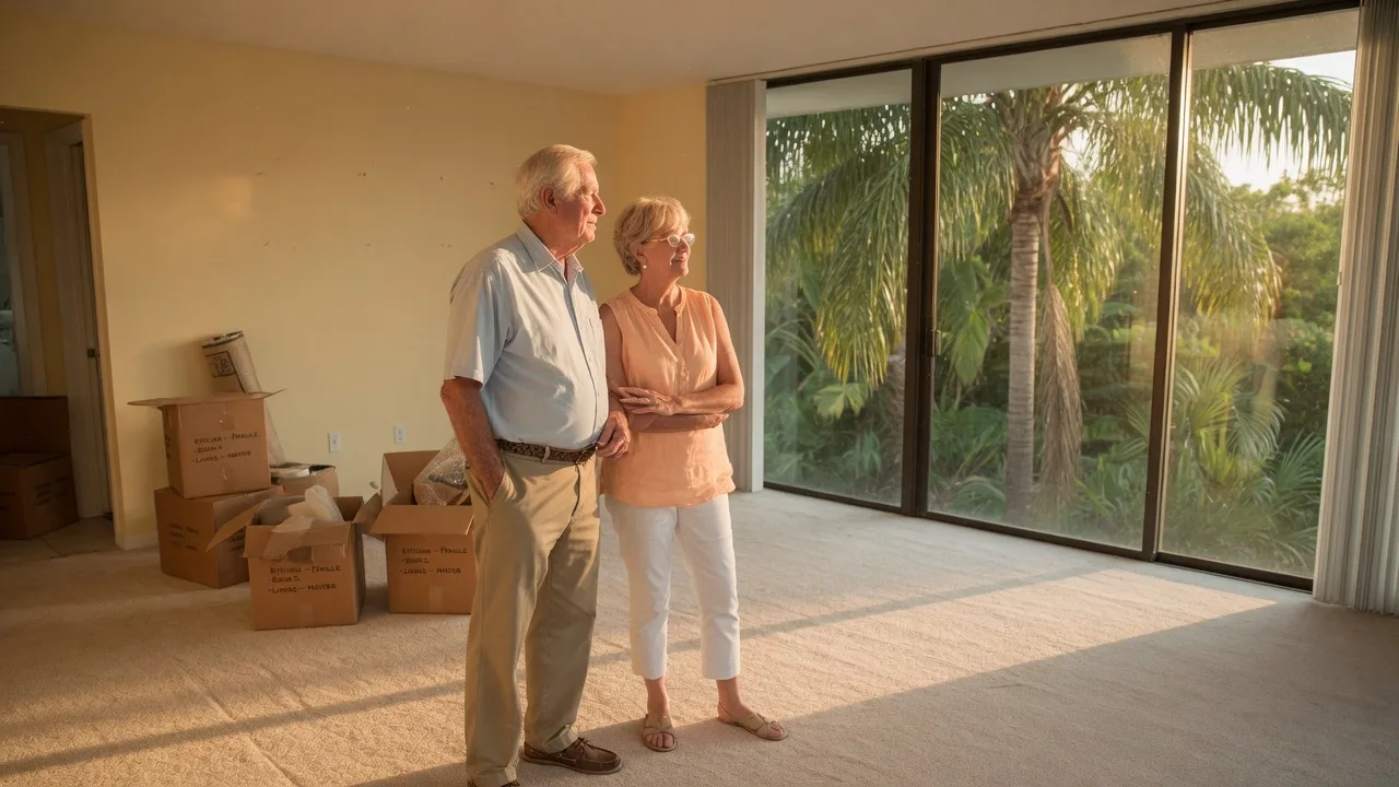 An older couple standing together in an empty sunlit Florida living room with moving boxes near the doorway and golden light streaming through sliding glass doors