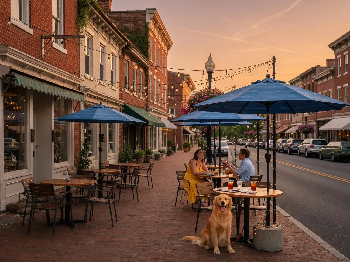 A warm summer evening at a dog-friendly restaurant patio in historic downtown Leesburg, Virginia, with brick buildings, string lights overhead, blue umbrellas, and a golden retriever relaxing under a table