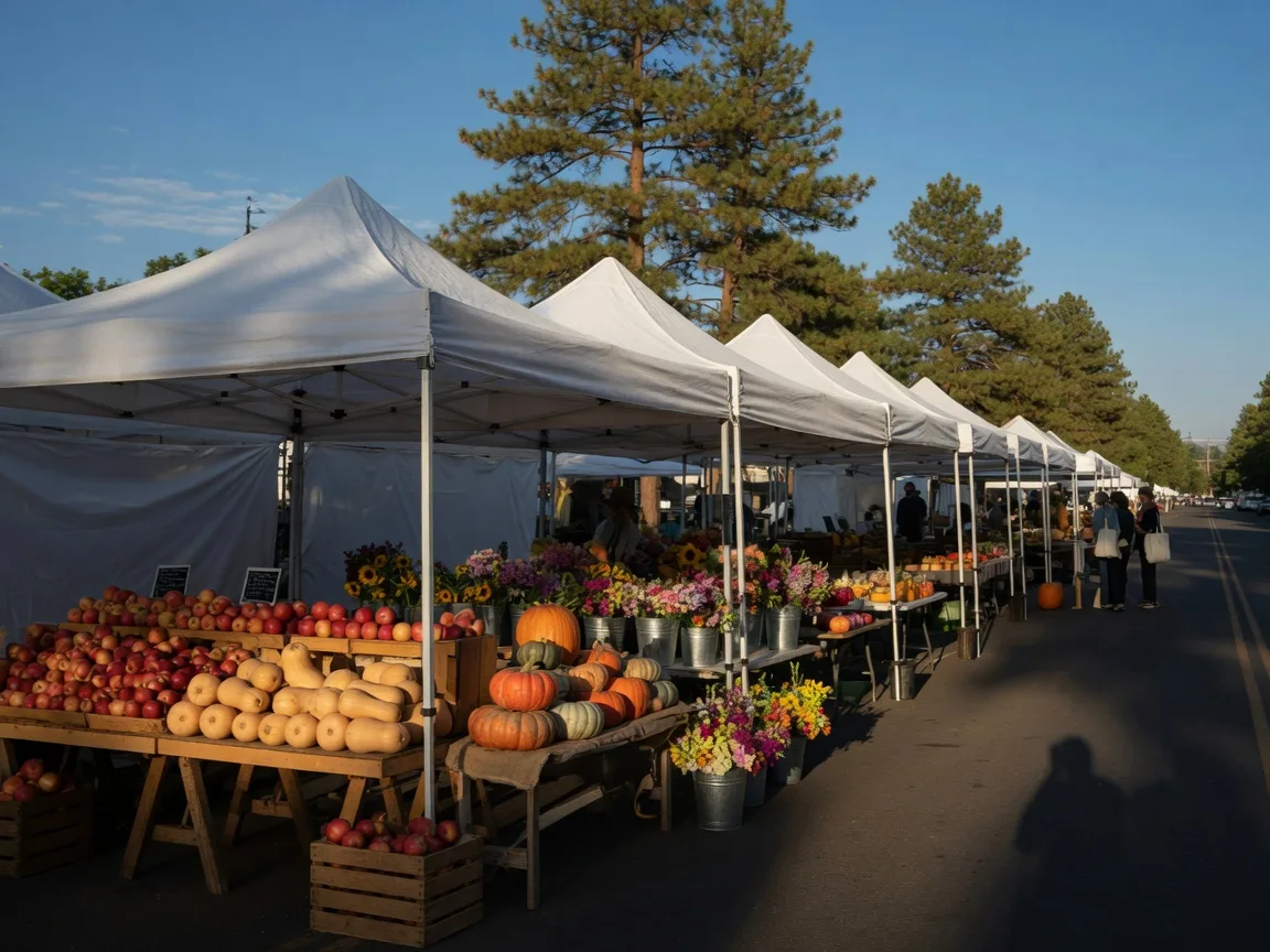 A sunny farmers market with white canopy tents and crates of produce under ponderosa pines