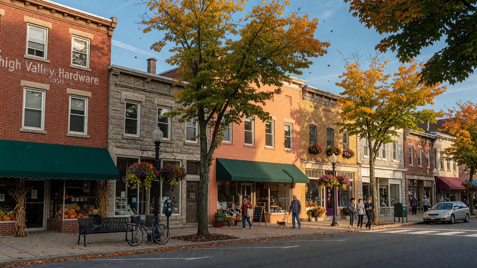 A small-town Lehigh Valley main street in late September with early fall color on the trees