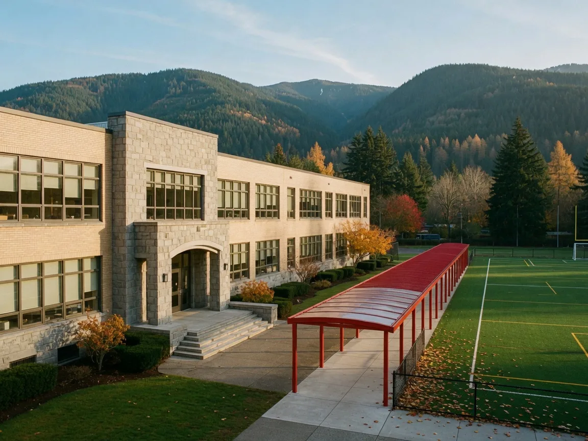 A modern school campus with evergreen foothills behind it