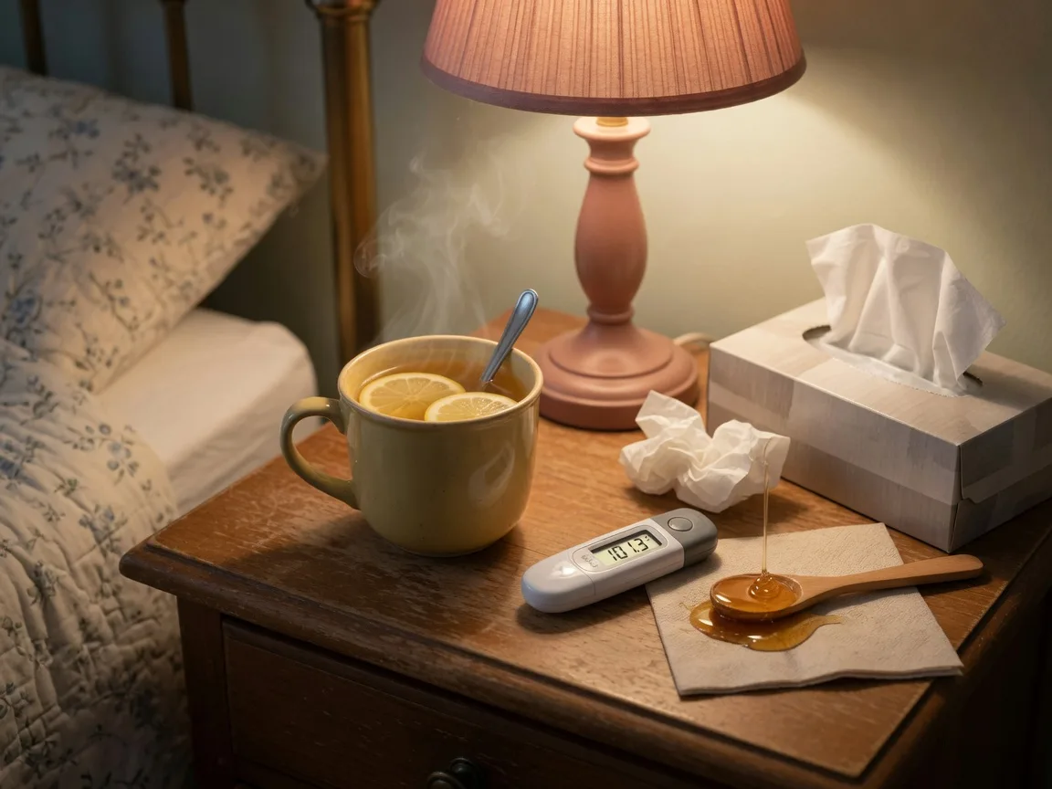 A bedside table in warm lamplight with a mug of honey-lemon tea, a thermometer, and a box of tissues