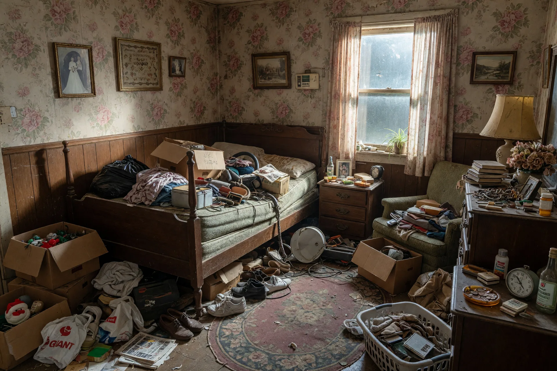 Cluttered older bedroom in a Maryland probate home before the managed cleanout