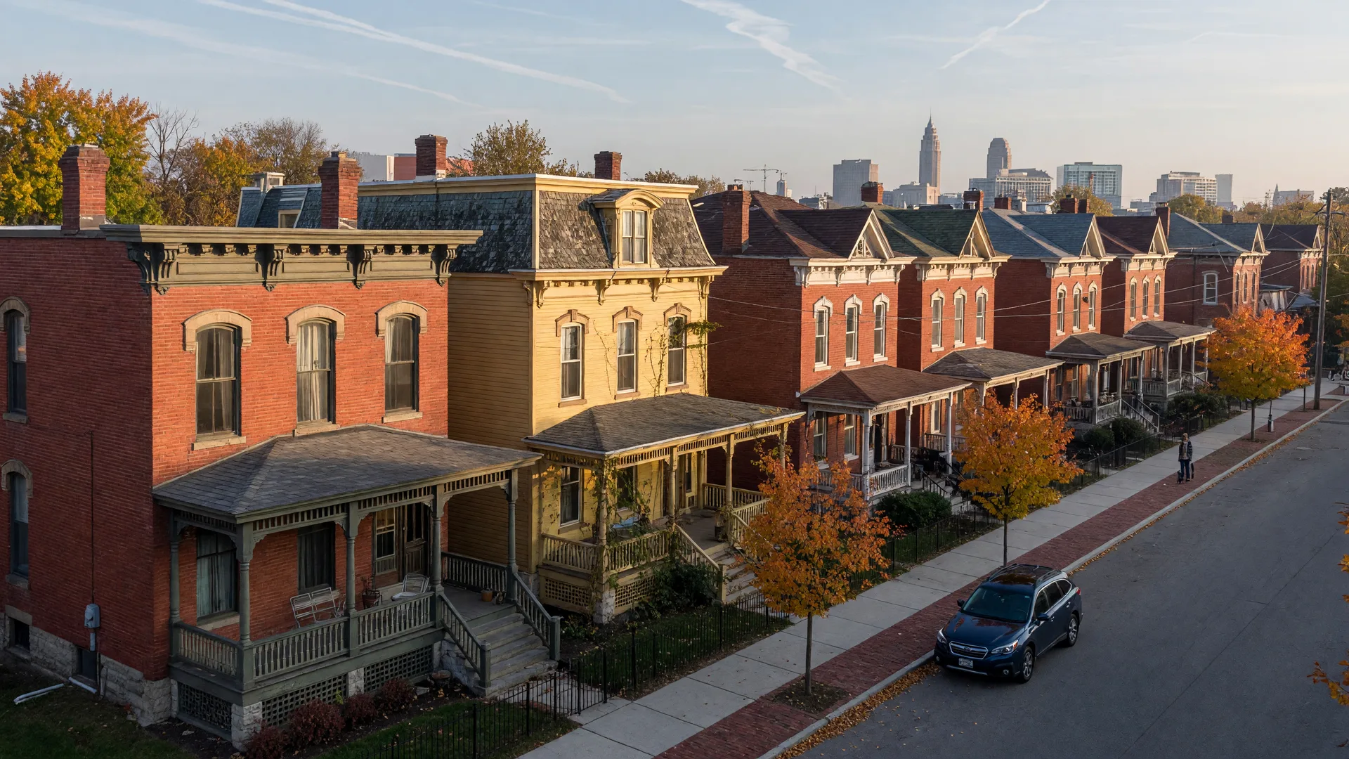Rows of Victorian and Italianate brick and frame homes with ornate porches and original wood windows on a tree-lined street in the Ohio City Historic District of Cleveland, Ohio, with sugar maples turning orange and gold on a clear October morning