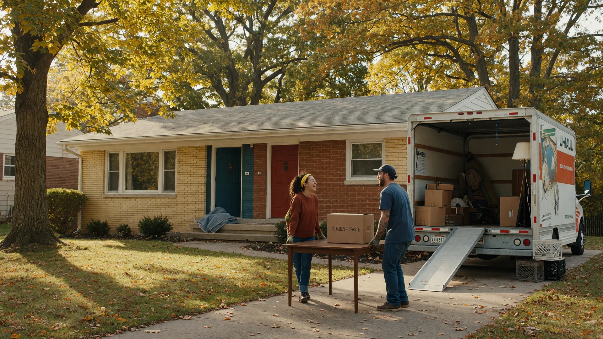A couple moving furniture into their new shared home