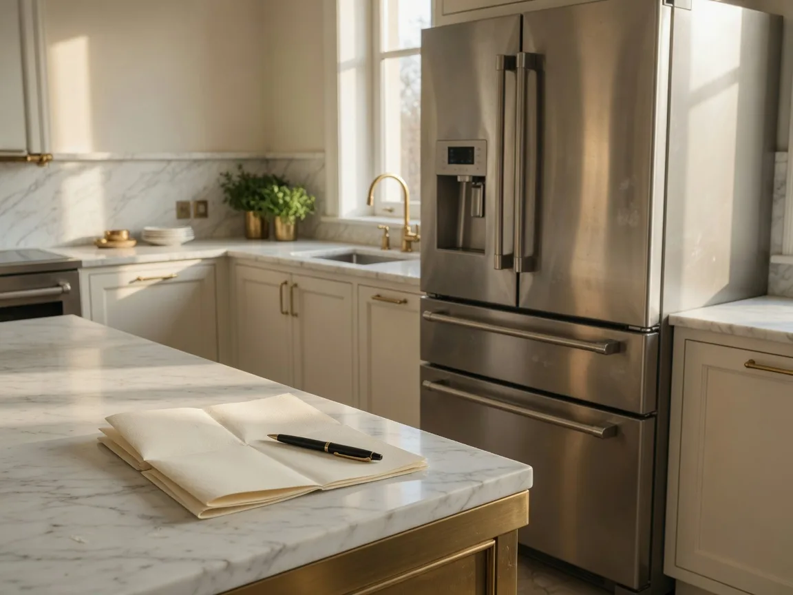 Professional-grade stainless steel French-door refrigerator in a luxury kitchen with marble countertops and a service agreement nearby
