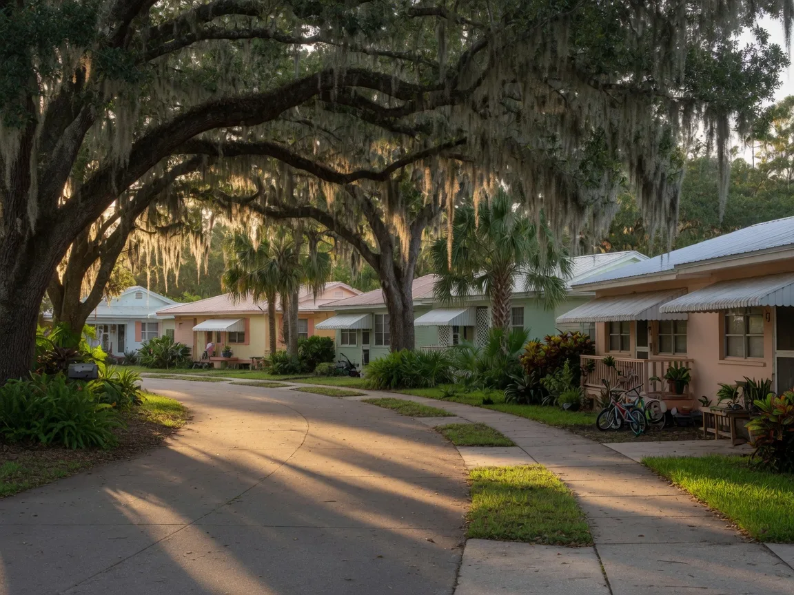 A leafy residential street in a Central Florida neighborhood with live oaks and Spanish moss at warm afternoon light