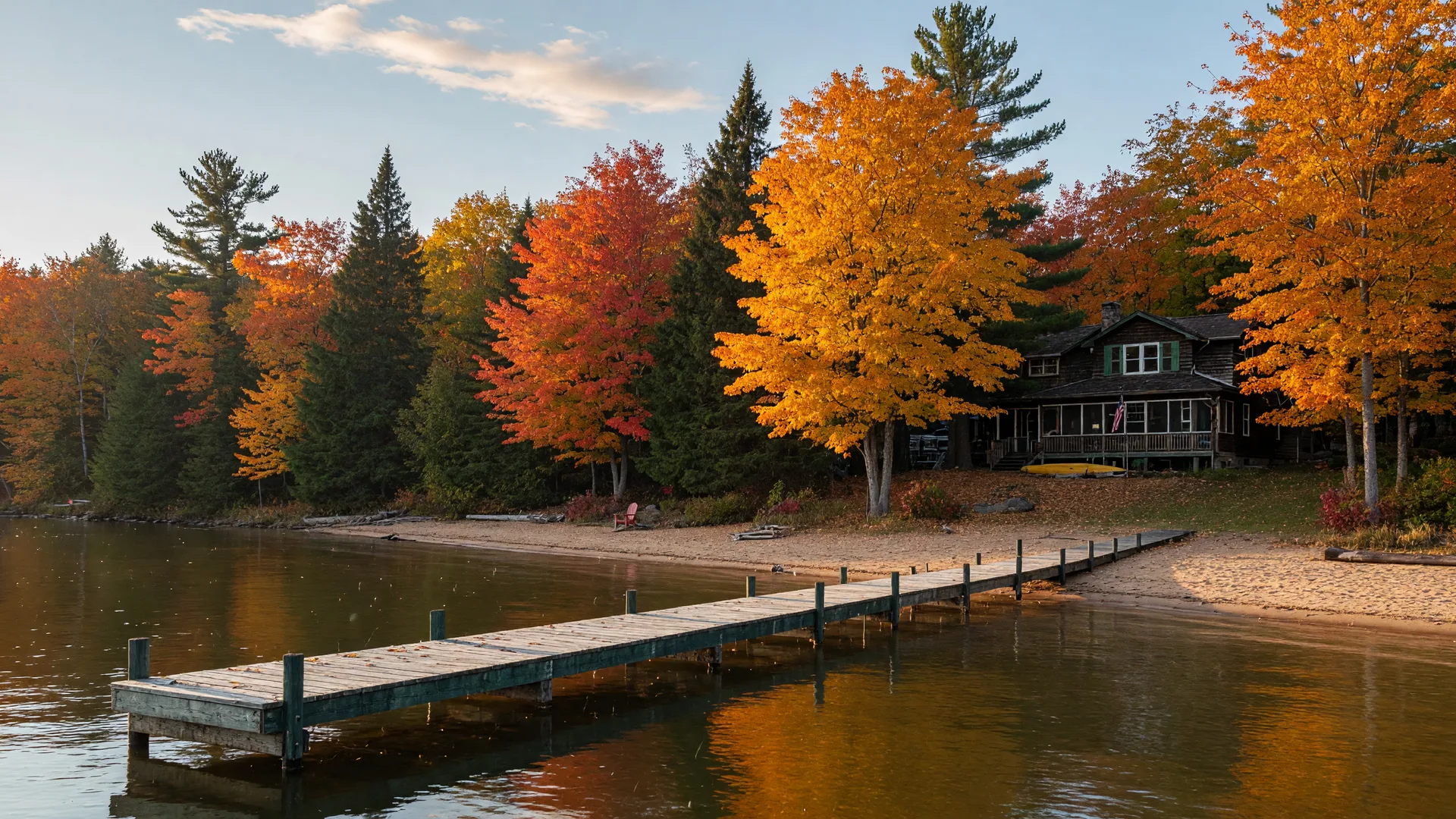 A Minnesota lake shoreline at peak fall color with a long wooden dock reaching over calm water