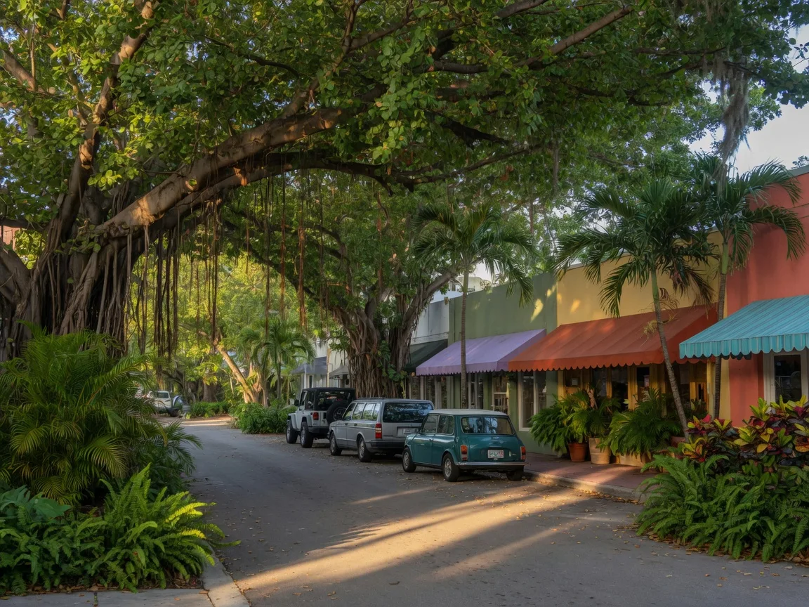 Leafy Coconut Grove street shaded by banyan trees