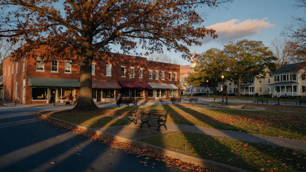 A classic Cobb County Georgia town square with brick storefronts, mature oaks, and a village green in warm autumn light