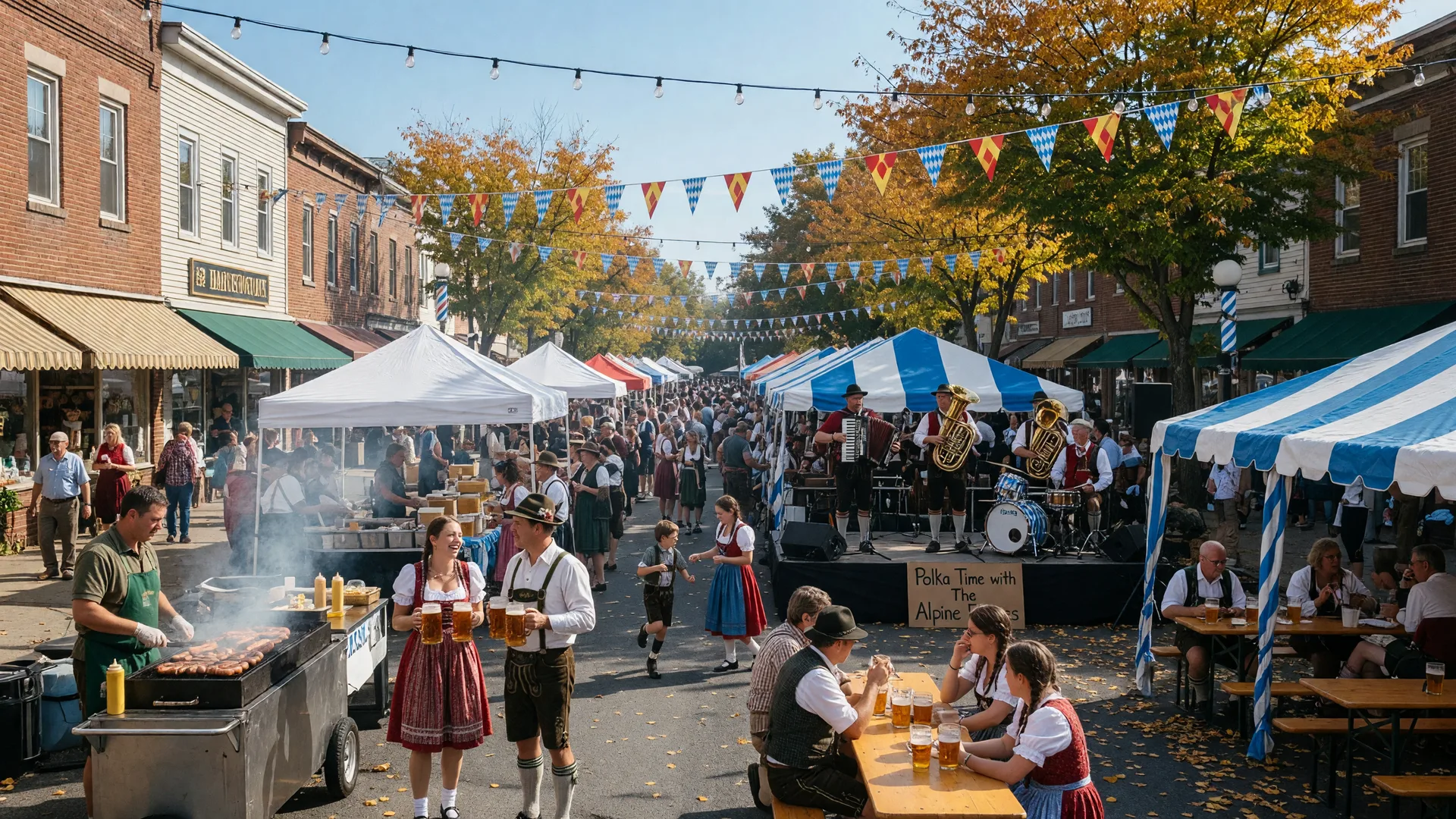 Small-town Montgomery County Main Street Oktoberfest with beer garden tents, string lights, Bavarian flags and a polka band