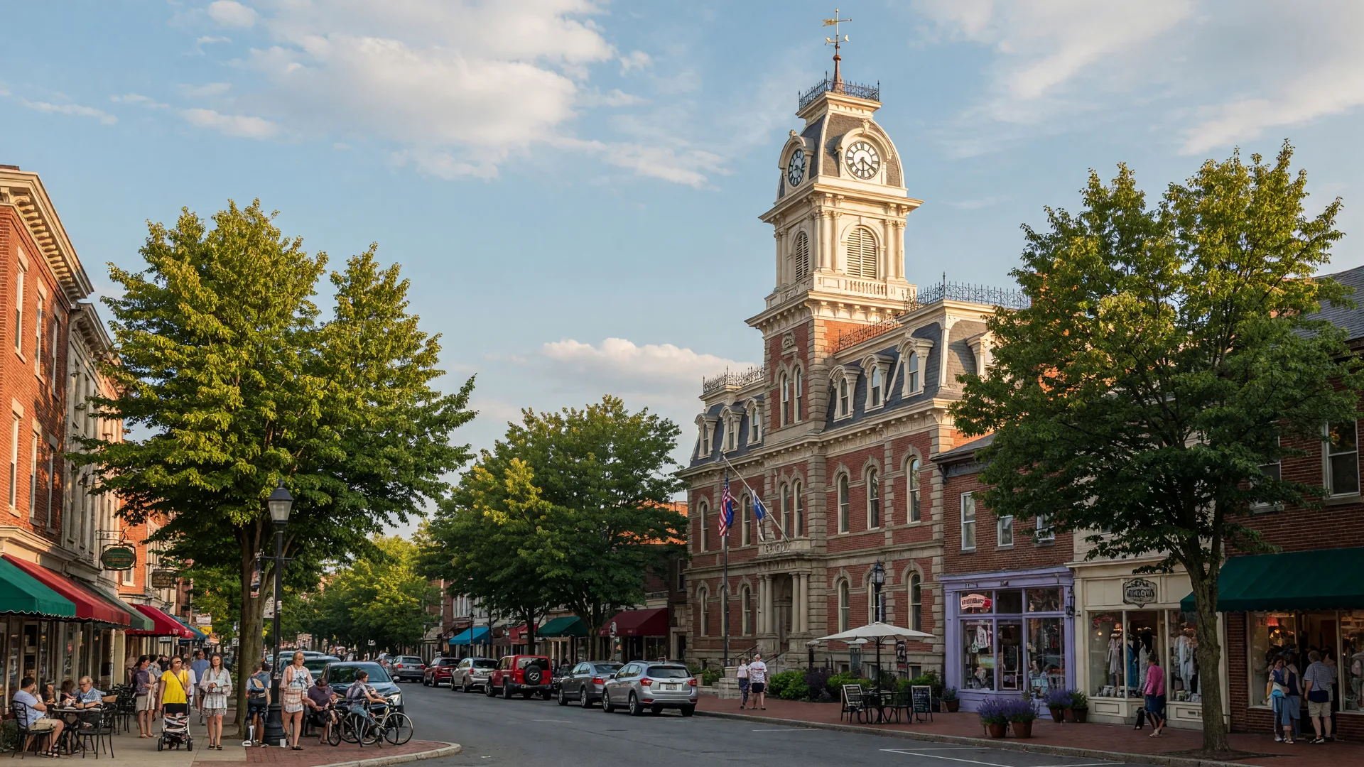 Historic downtown Doylestown with the Bucks County Courthouse on a late summer afternoon