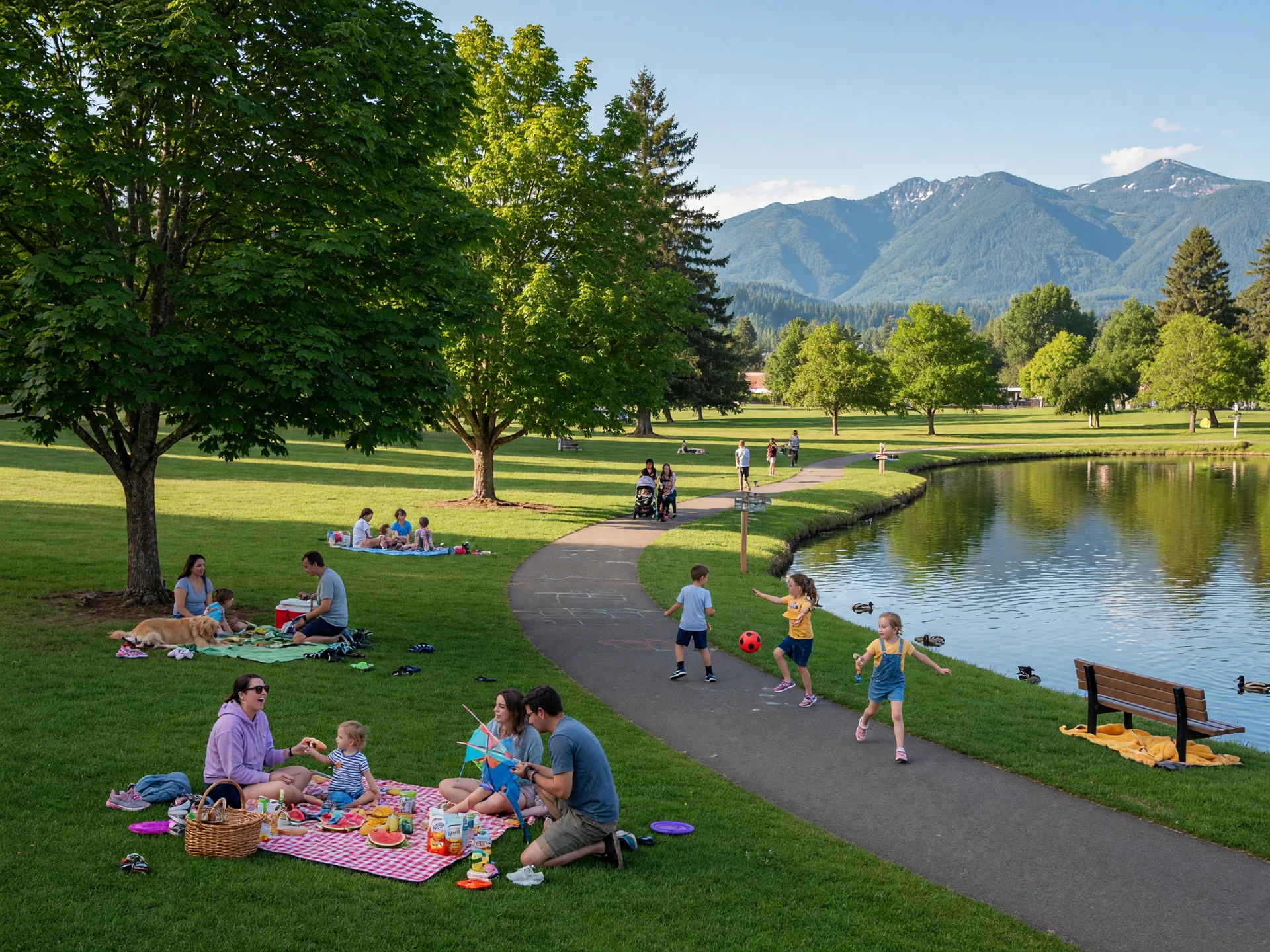 A paved trail winding past a pond in a Gresham community park with families on the grass and the Cascade foothills behind