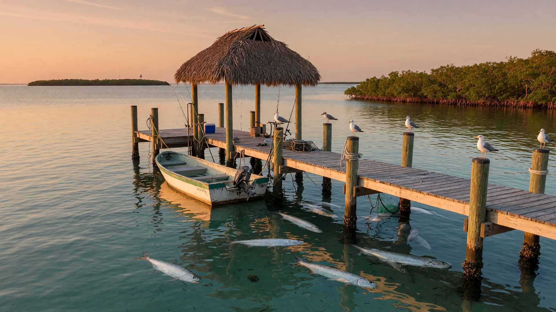 A classic Florida Keys waterfront dock at golden hour with a palm-thatched tiki roof over clear turquoise bay water, schools of tarpon swimming near the pilings, a small skiff tied alongside, and a low mangrove shoreline on Lower Matecumbe Key