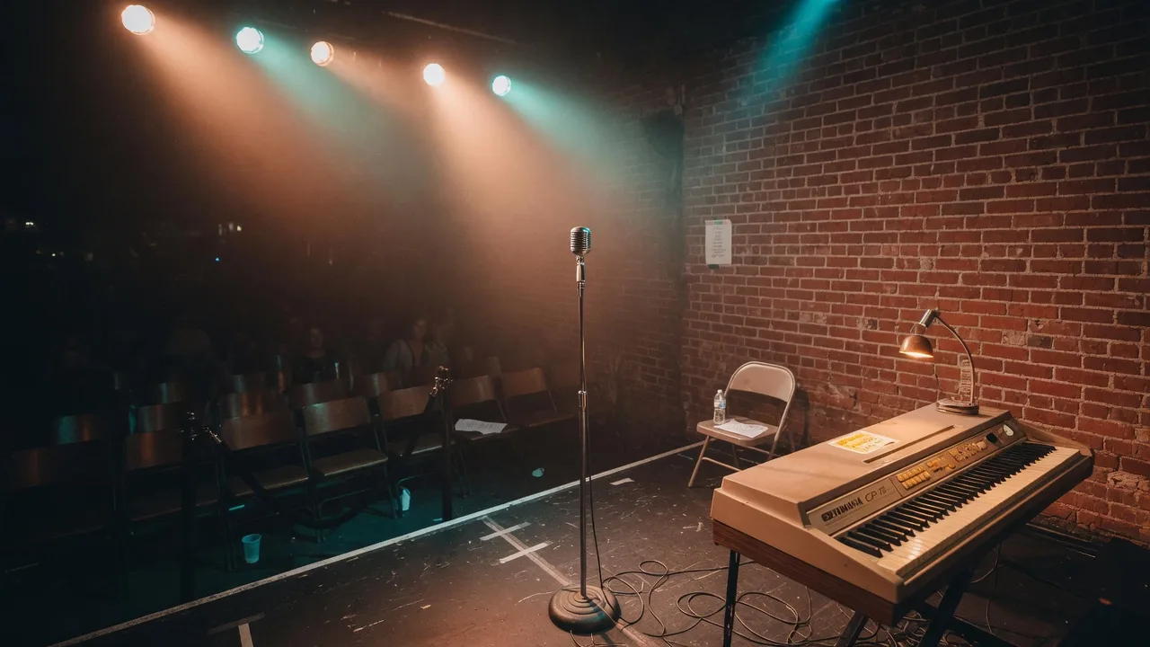 An intimate Pasadena music venue stage with amber and teal lights, a microphone and keyboard in front of an exposed brick wall