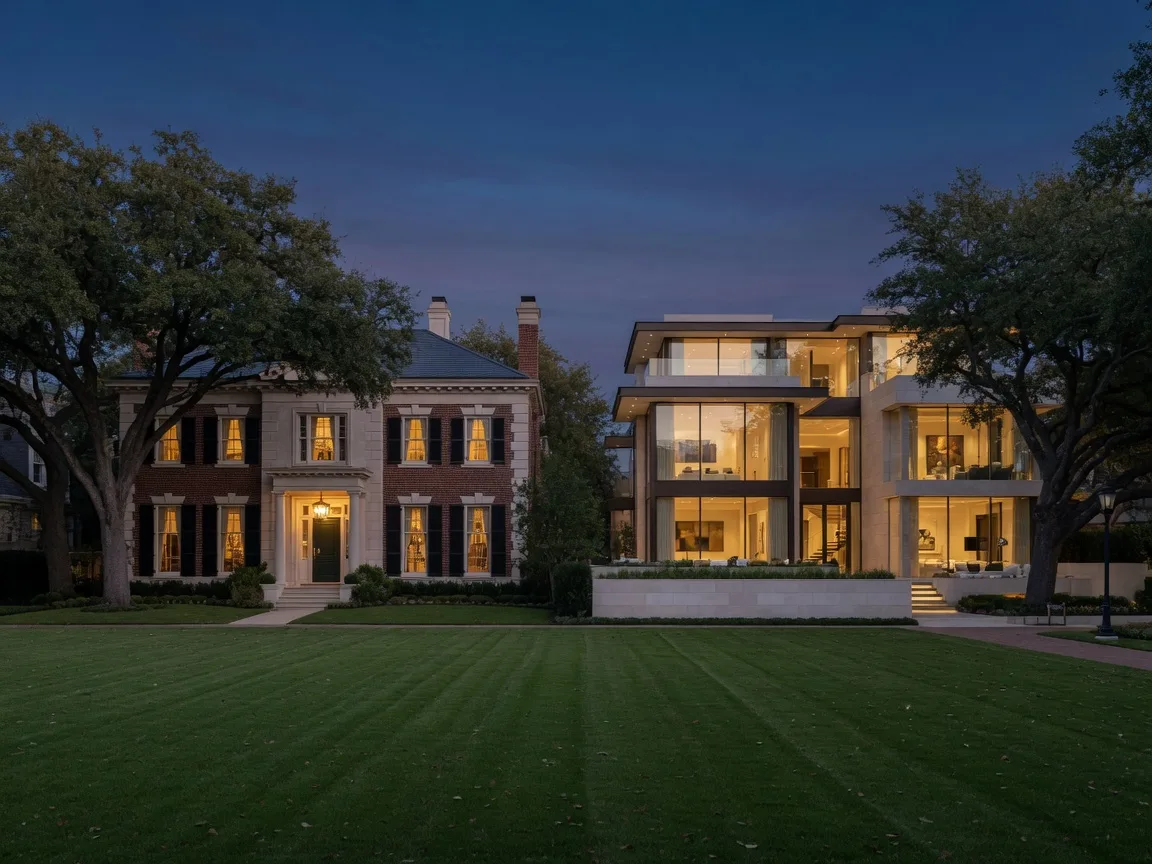 Two luxury homes side by side in an upscale Dallas neighborhood at dusk, one traditional and one modern, with warm interior light