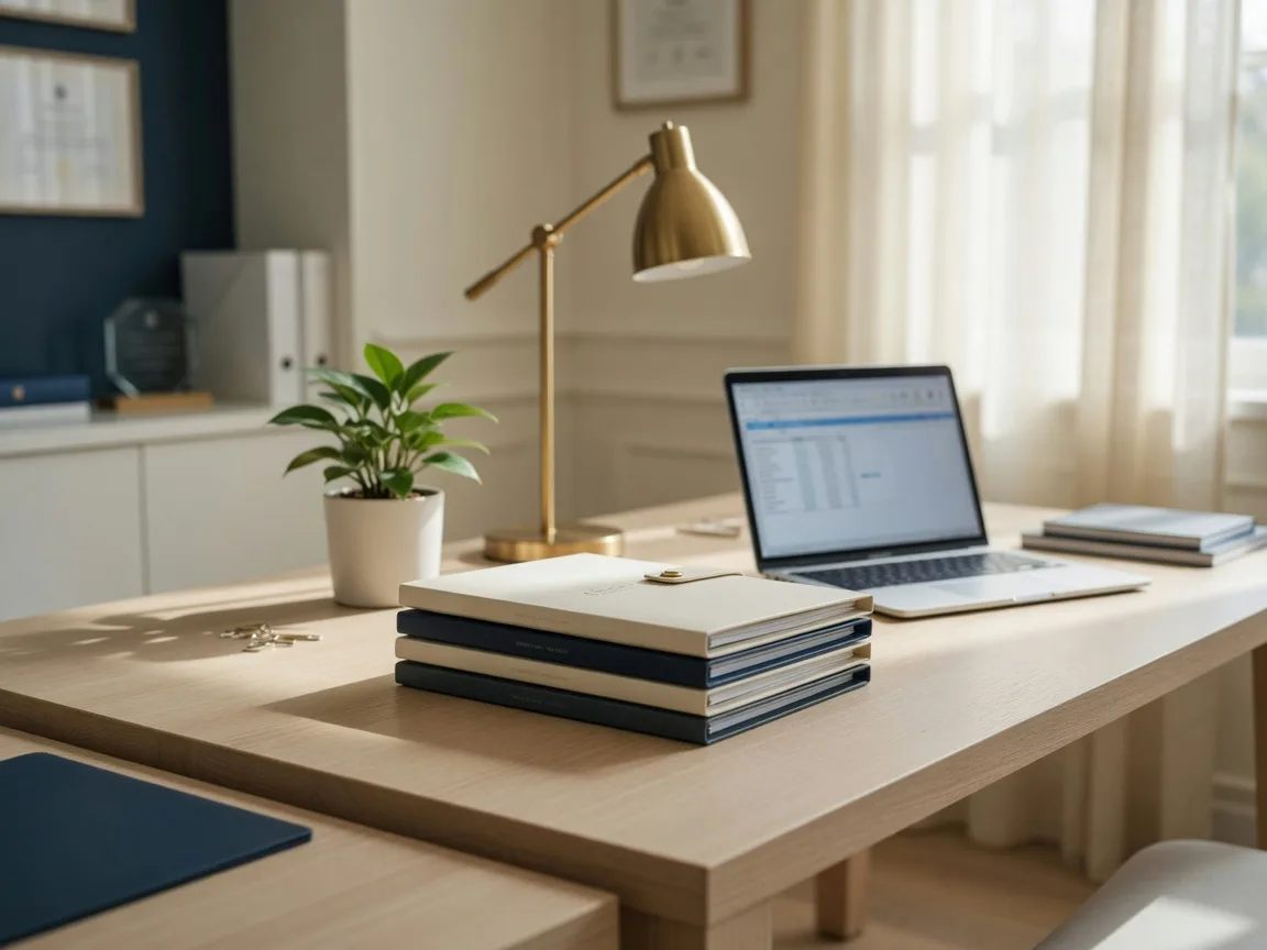 A bright, modern real estate office with documents and a desk