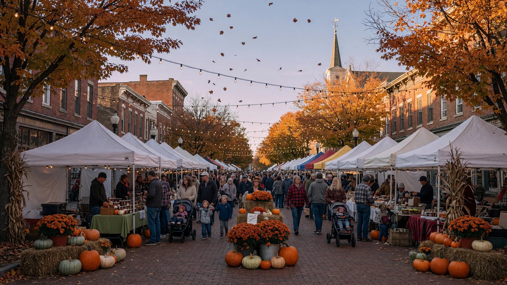 Autumn community festival on a historic Pennsylvania downtown main street with white vendor tents, string lights, pumpkins, and mums under orange and gold fall foliage