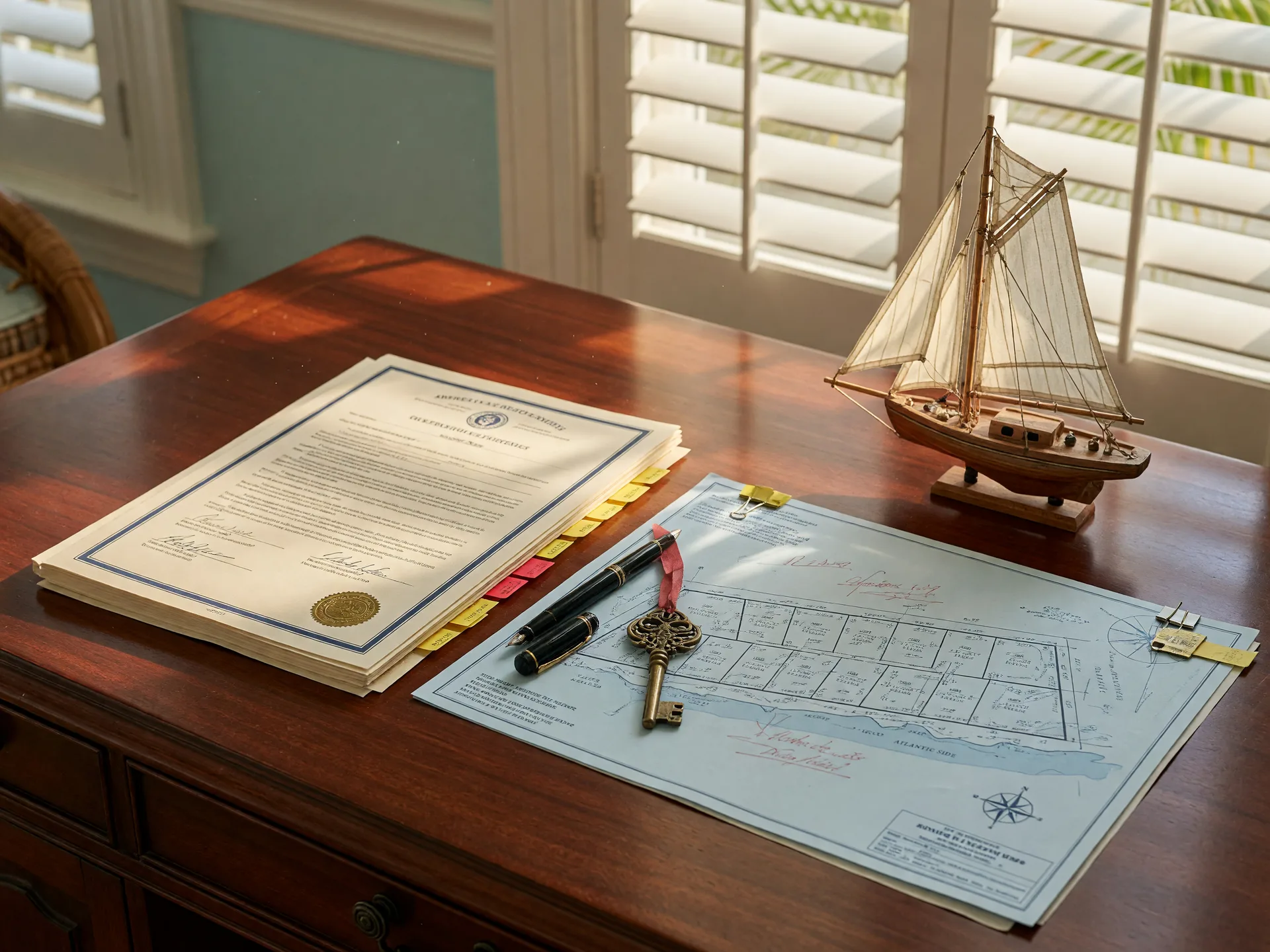 Contract documents and property survey blueprint on a mahogany desk in the Florida Keys with a fountain pen, brass key, and model sailboat in warm afternoon light