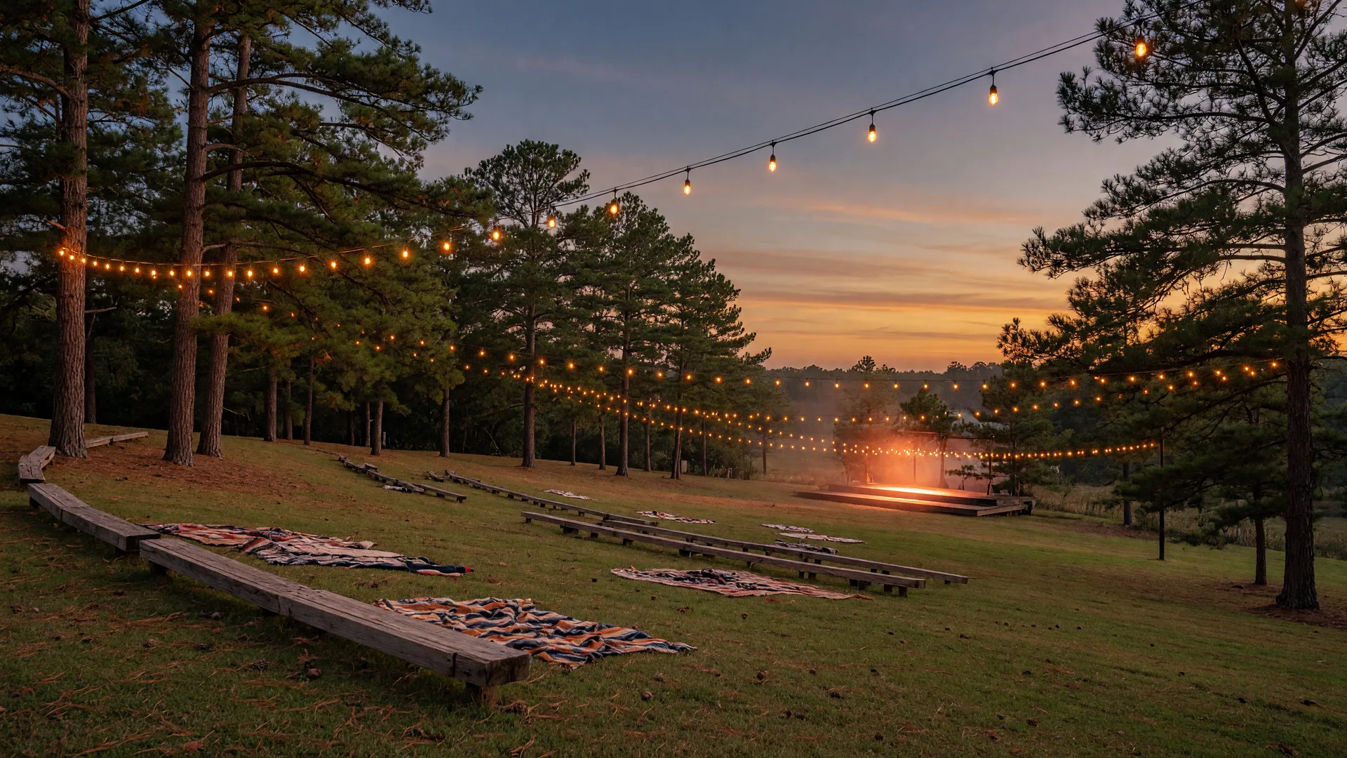 An open-air amphitheater lawn at dusk in a Texas pine forest, warm festoon lights strung between loblolly pines and a soft stage glow in the distance