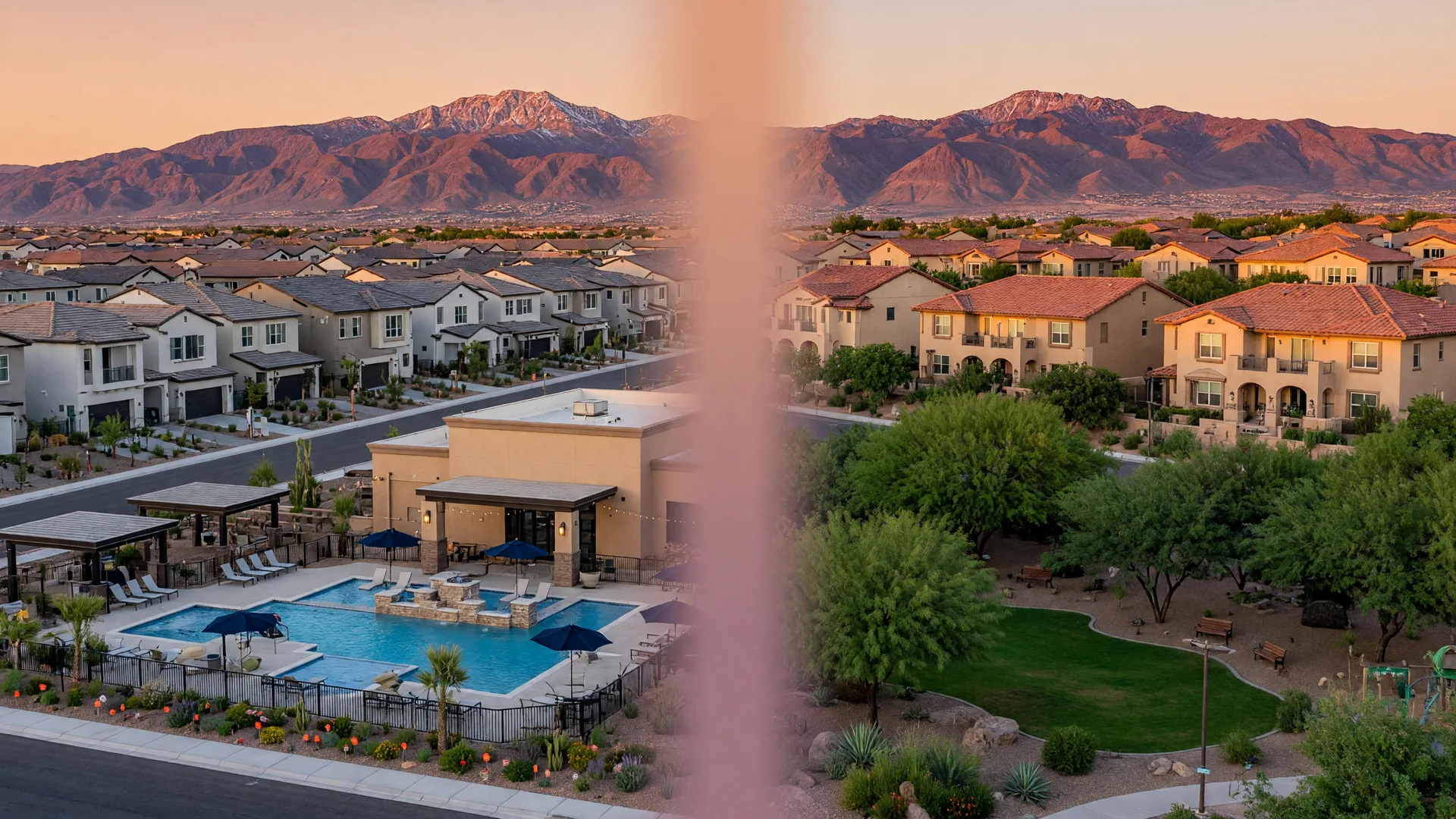 Split comparison of Southwest Las Vegas modern master-planned homes on the left and Henderson's established Mediterranean-style neighborhoods on the right at golden hour