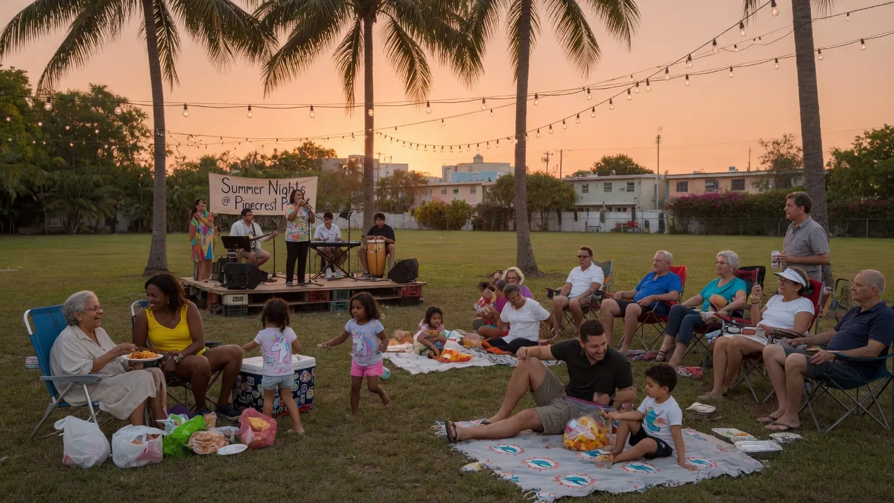 South Florida community festival at golden hour with string lights, live music stage, and neighbors gathering under palm trees