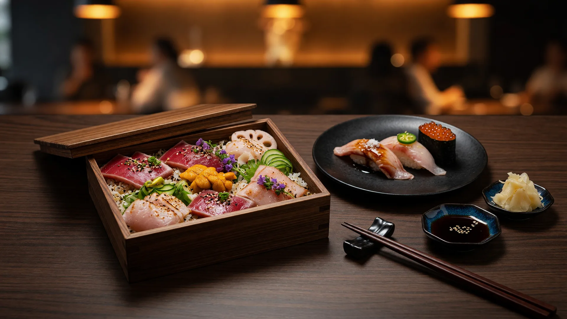 An upscale omakase spread at Doanburi with a treasure box chirashi bowl of toro, Hokkaido uni, and hamachi over sushi rice, surrounded by premium nigiri
