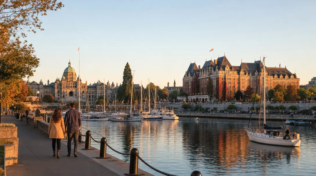 Victoria Inner Harbour in late summer with sailboats and golden-hour light