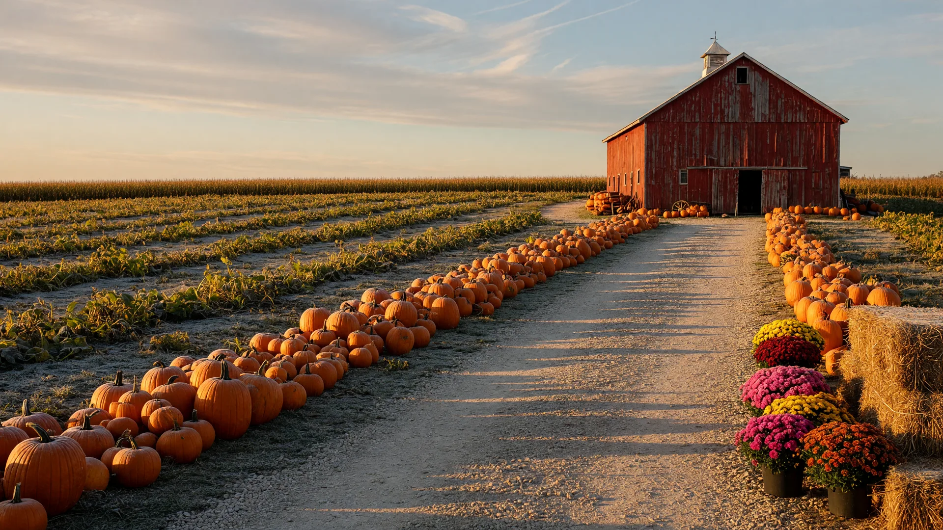 A pumpkin patch at a family farm in the Maryland countryside near Washington, DC on an early October morning, with a gravel lane lined with pumpkins leading to a red barn and golden autumn light