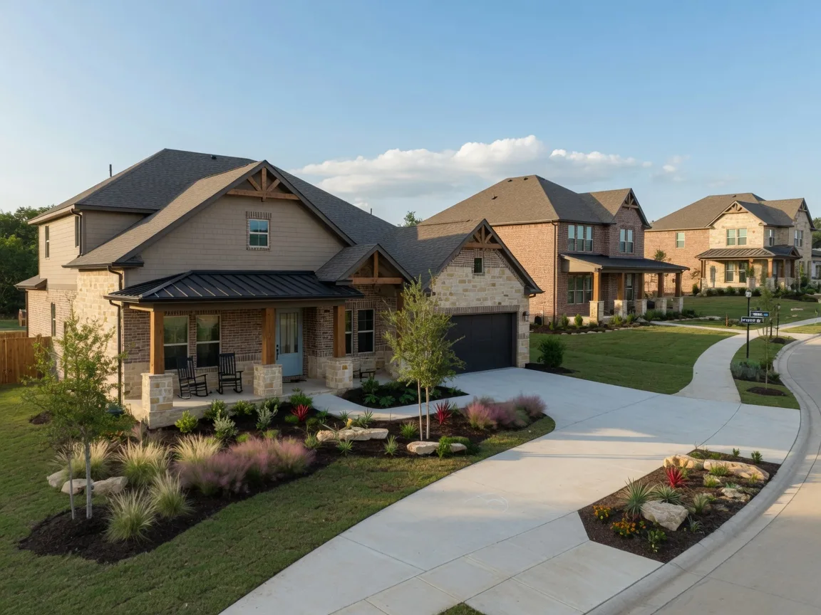 New single-family home with stone and painted brick elevations and a covered front porch in a Texas Hill Country community