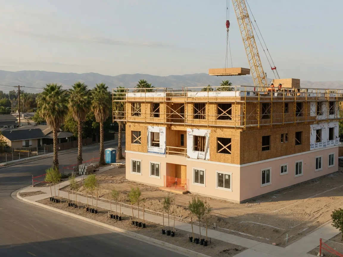 A new three-story apartment building under construction in a Central Valley city on a sunny October morning, wood-framed upper floors rising above a finished stucco ground floor with a construction crane and scaffolding on site