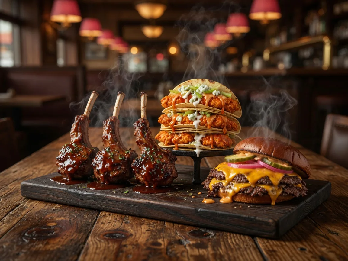 Rustic wooden board with lollipop lamb chops, buffalo chicken tacos, and a smashed gourmet burger at Moonshiners Bar and Grill in Braselton Georgia
