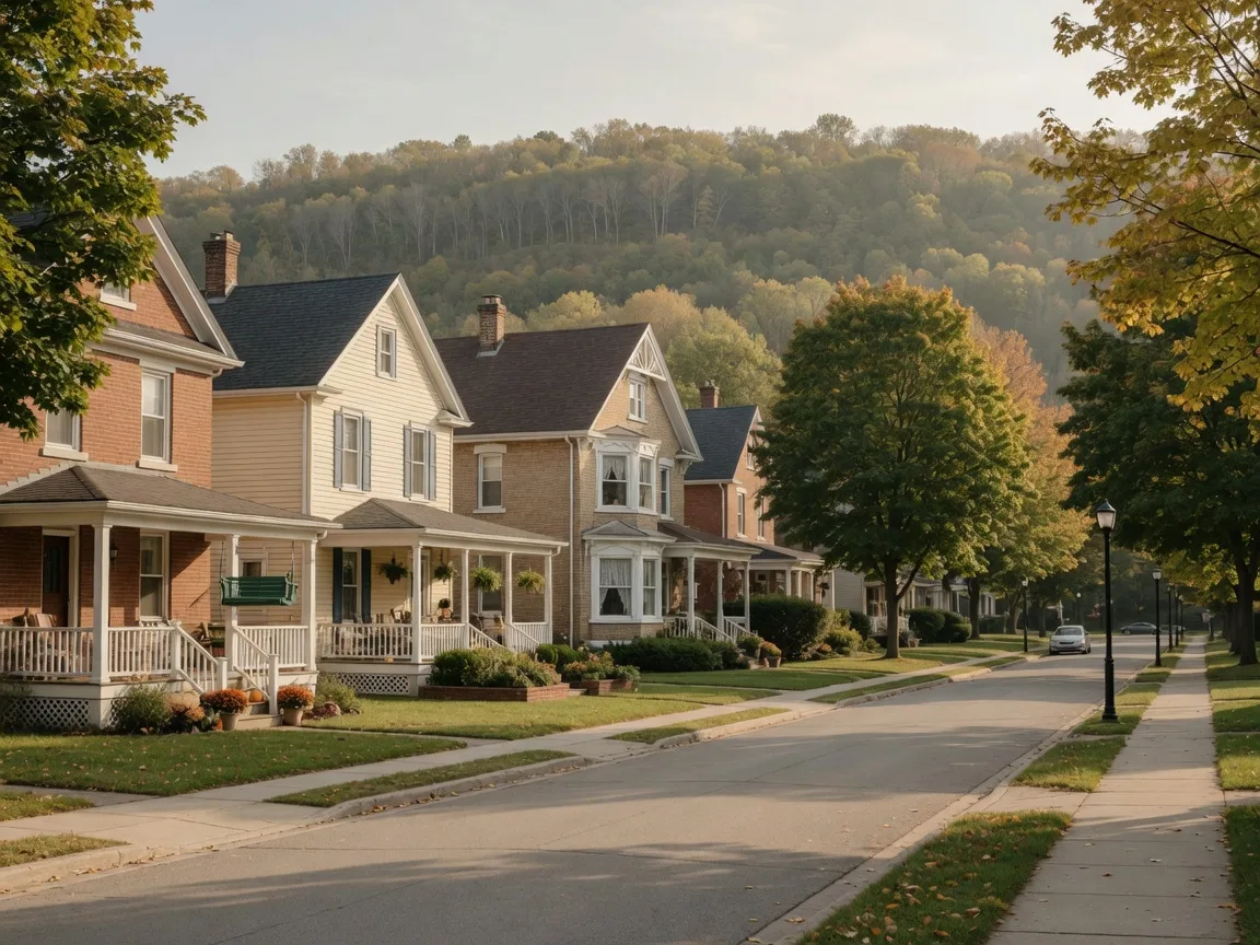 A tree-lined residential street in Acton with classic front-porch houses and the escarpment beyond