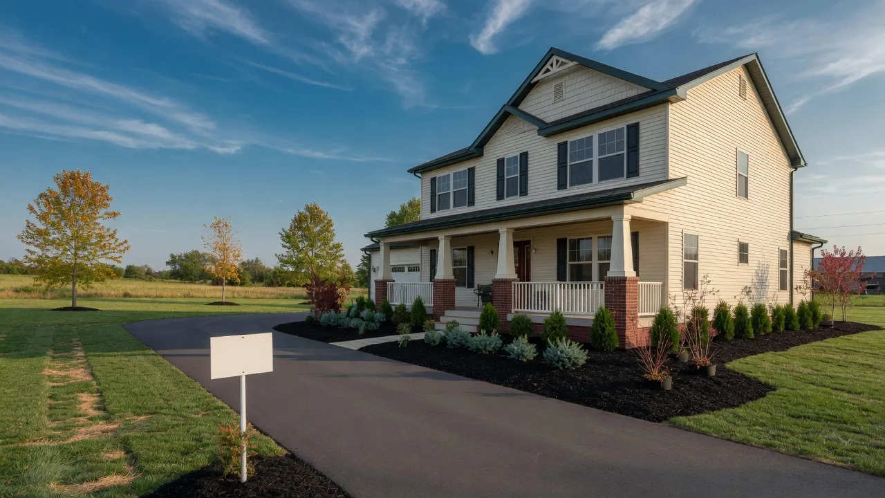 A newly built two-story craftsman home on a spacious grassy lot in rural Clinton County, Ohio on a late September afternoon, with fresh siding, a covered front porch, and maples just starting to turn