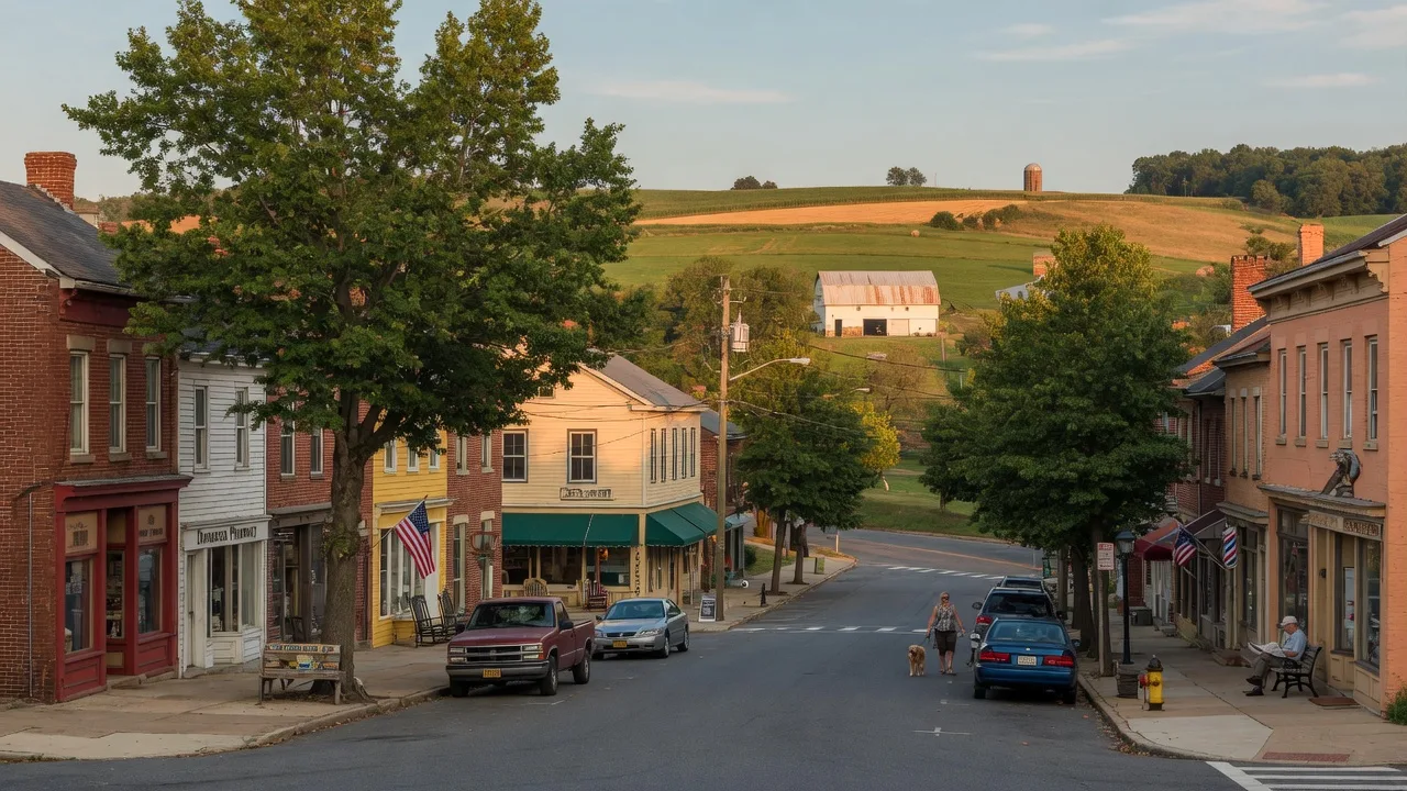 Damascus Maryland main street area with historic buildings and countryside views
