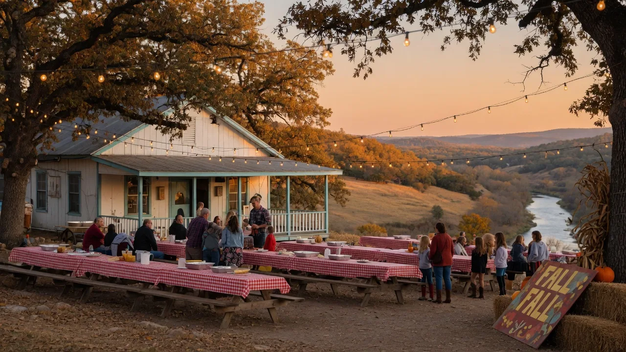 A Texas Hill Country autumn weekend at a classic dance hall: warm string lights, long picnic tables under live oaks, hay bales, and rolling golden hills in the distance