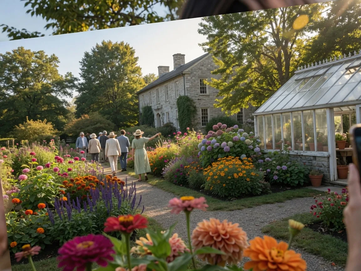 The historic gardens of PHS Meadowbrook Farm in Jenkintown on a sunny September afternoon, with guests strolling past formal flower beds toward the stone manor house and greenhouse in golden dappled light