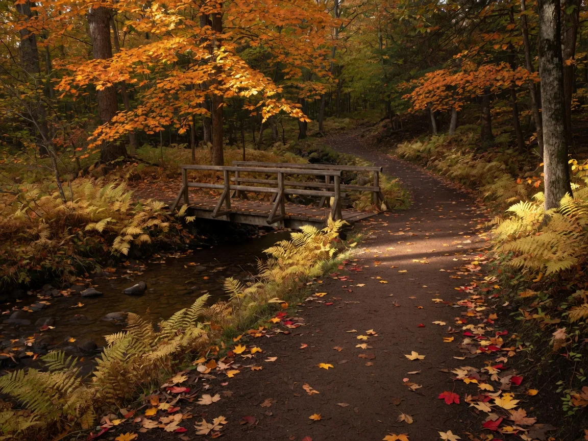Peaceful October woodland trail with orange and gold maples, golden ferns, and a small wooden footbridge in a southern Ontario conservation area