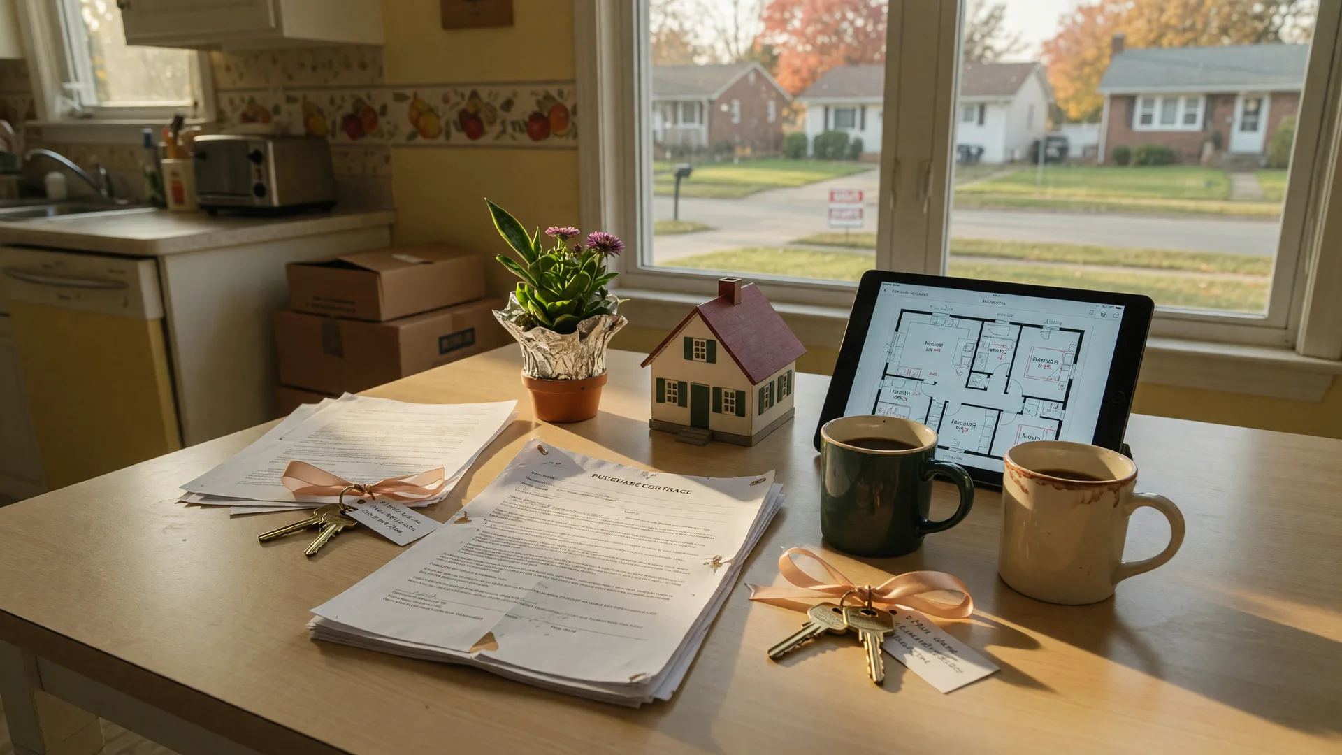 A warm photograph of a first-home closing scene on a bright kitchen table in Northwest Indiana, with a printed purchase contract, two sets of new house keys on a ribbon, a wooden model house, and two coffee mugs, a suburban neighborhood visible through the window