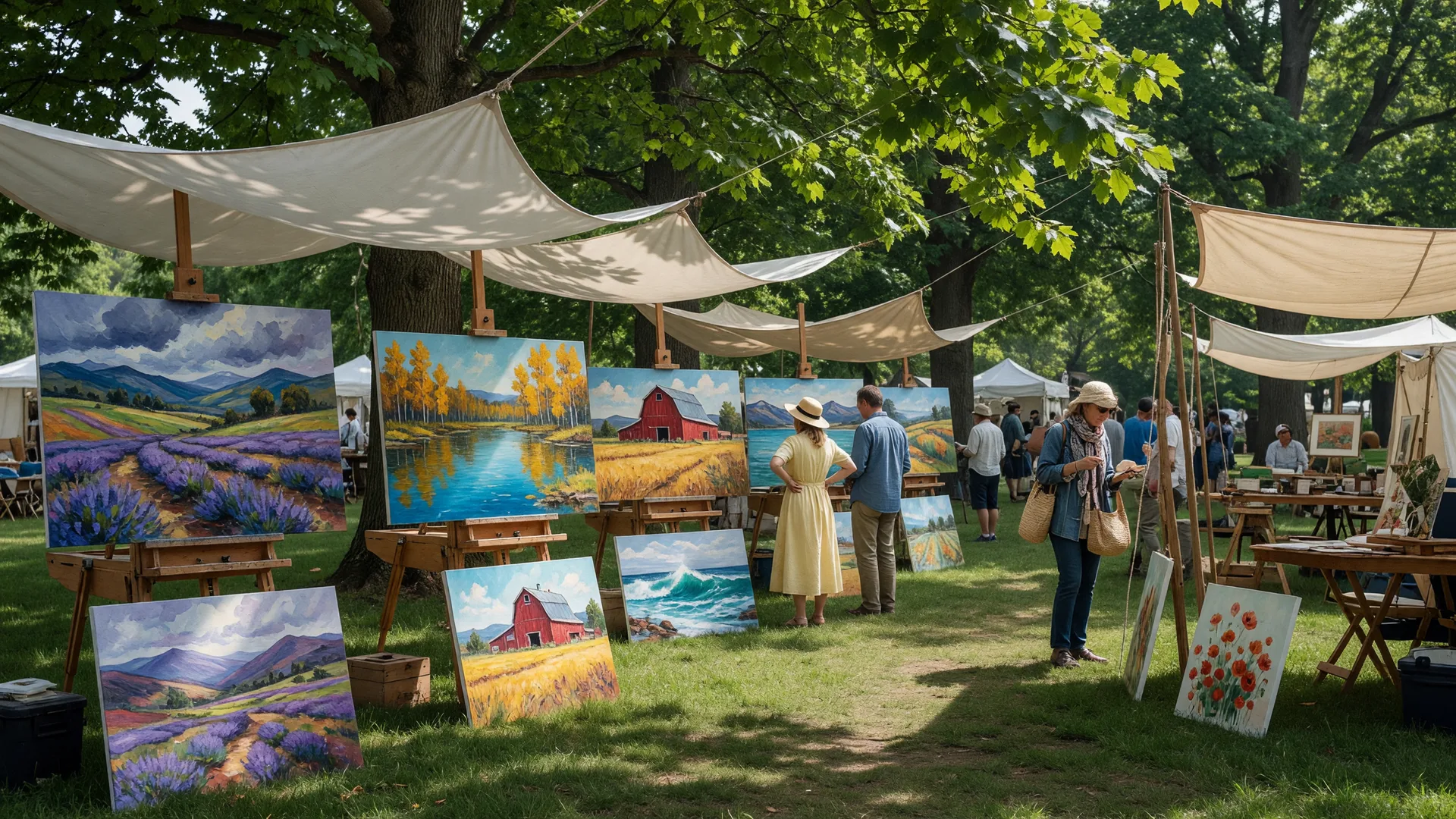 A juried fine arts fair under shady park trees with easels showing landscape paintings beneath light fabric canopies
