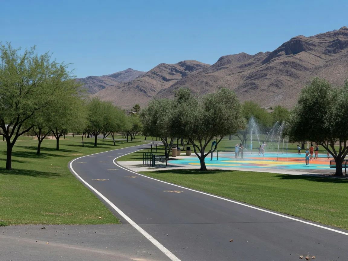 Paved desert park trail through a landscaped Las Vegas community park with mountains on the horizon