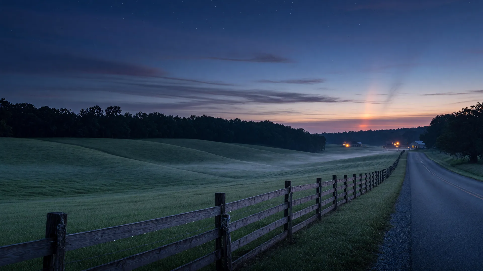 Blue-hour view of rolling Kentucky farmland near Alvaton